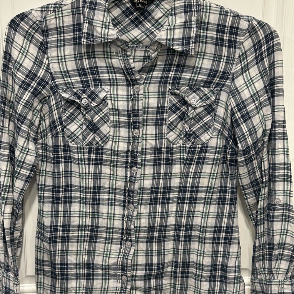 Guess Jeans BLUE/WHITE Checkered Pearl Button Long Sleeve Shirt Women’s Sz M